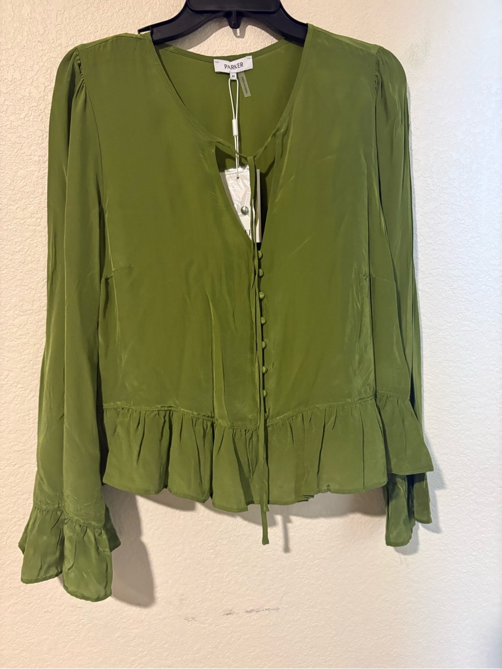 Parker Nordstrom Olive Green Button-Front Ruffle Blouse